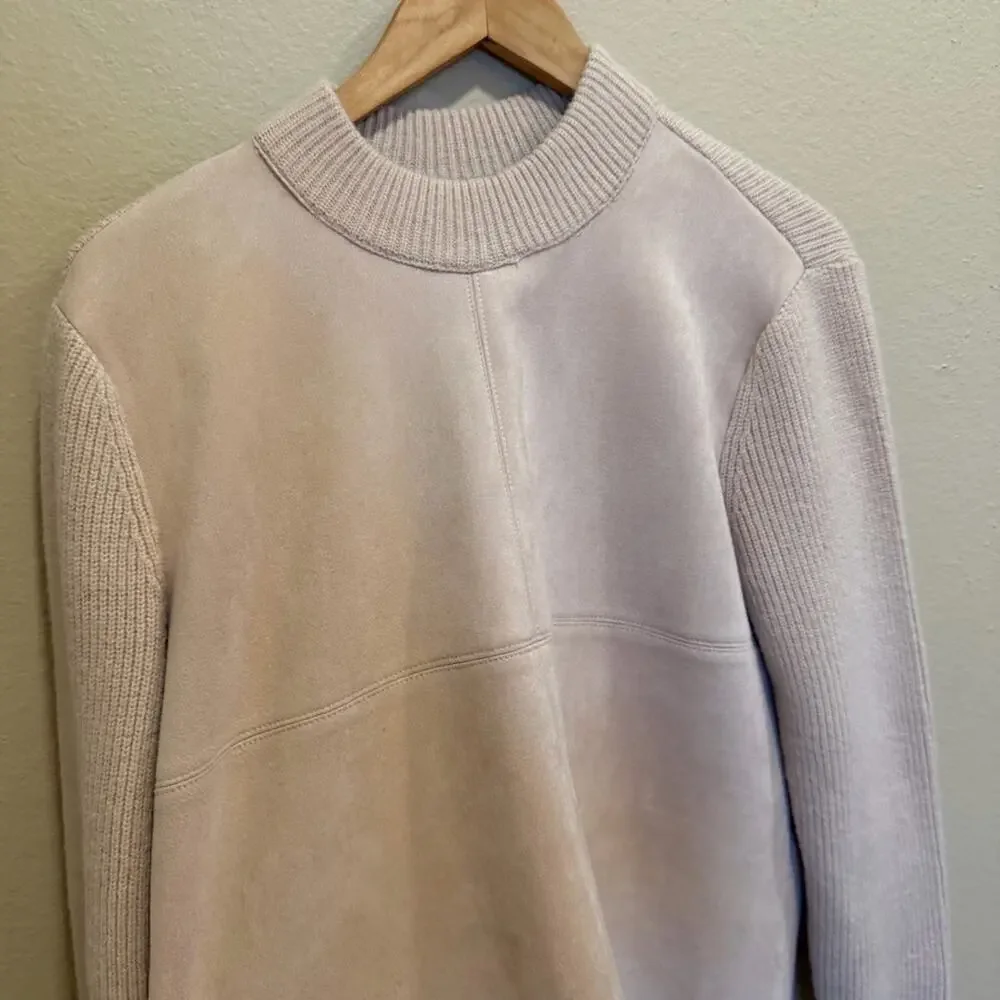 Ann Taylor Mixed Media Tan Faux Suede Sweater Medium Ribbed Crew Neck Cozy